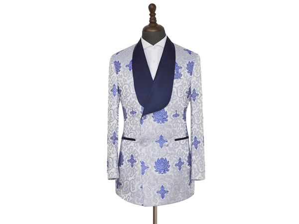 Blazer smoking motif brodé bleu et blanc| E-G Creation Paris